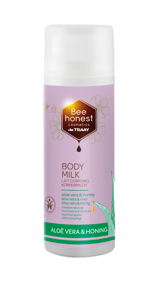 Traay Bee Honest aloe vera and honey body milk in 150ml bottle, moisturizing body care product with natural ingredients.