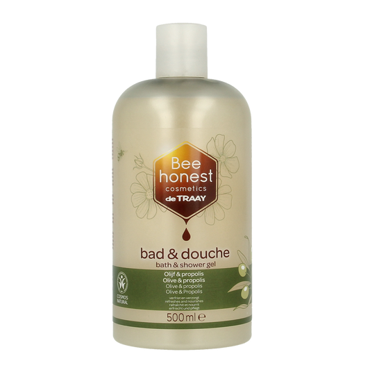 Traay Bee Honest olive and propolis douche bottle, 500ml, natural personal hygiene product with bee-derived ingredients.