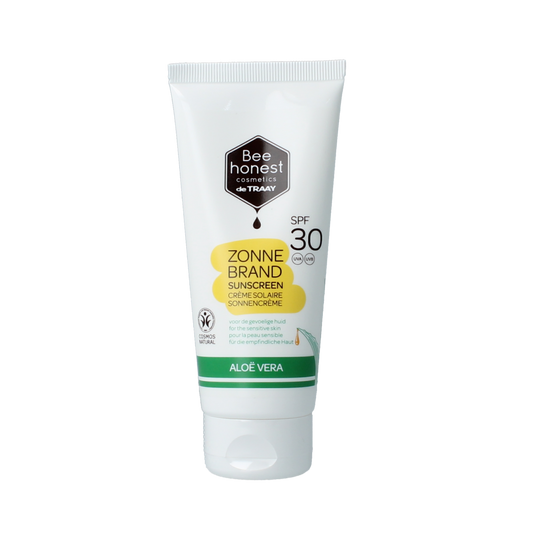 Traay Bee Honest SPF30 aloe and honey sunscreen lotion in 100ml bottle, suitable for sun protection with natural ingredients