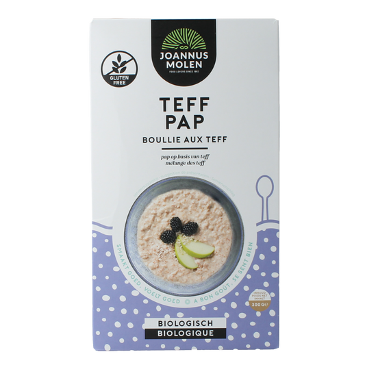 Joannusmolen Teff pap bio breakfast cereal in a 300g package, showing the product label and packaging details.