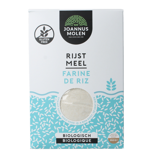 Joannusmolen biologische rijstemeel eerste keuze in 350g verpakking, bakmixen en melen product for gluten-free baking