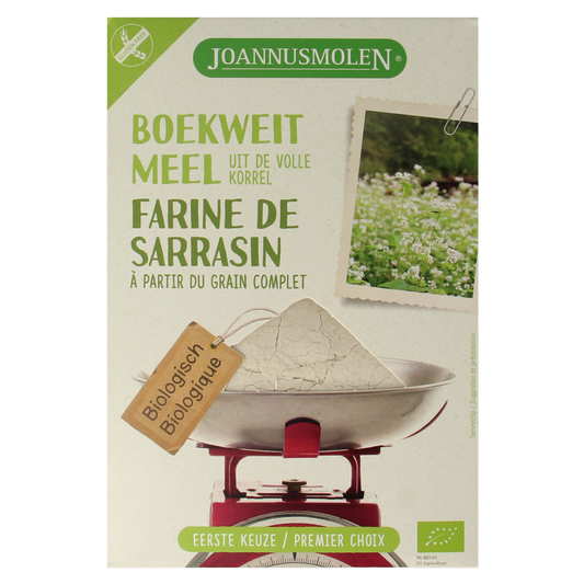 Joannusmolen Boekweitmeel eerste keuze bio 350g, gluten-free buckwheat flour in a bag, for baking and cooking.