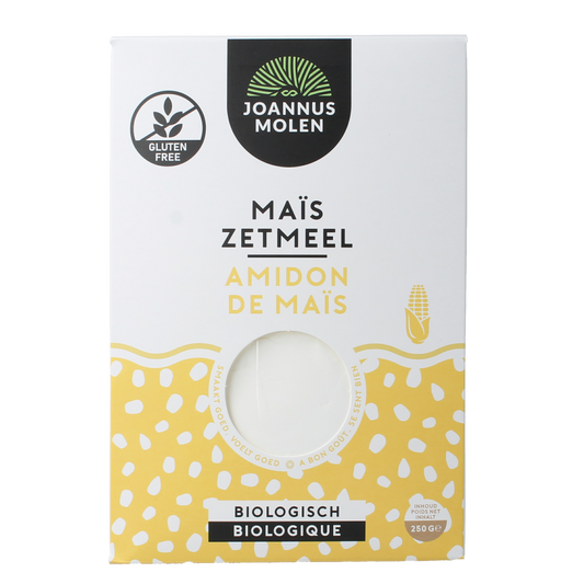 Joannusmolen Maiszetmeel eerste keuze bio, 250g, organic cornmeal in a package, ideal for baking and cooking.