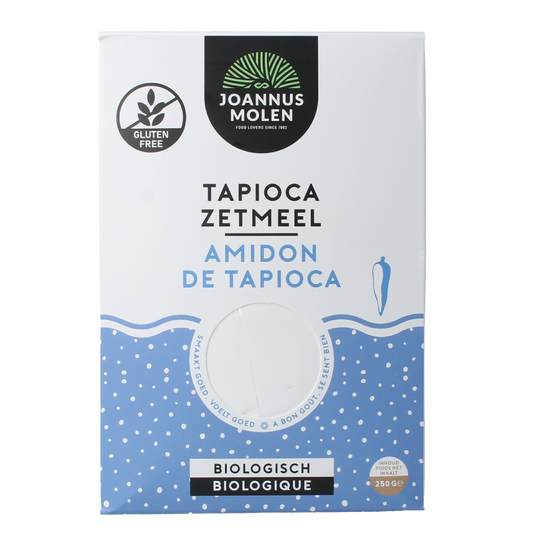 Joannusmolen Tapiocazetmeel eerste keuze bio 250g, organic tapioca starch in a clear bag, suitable for baking and gluten-free recipes.