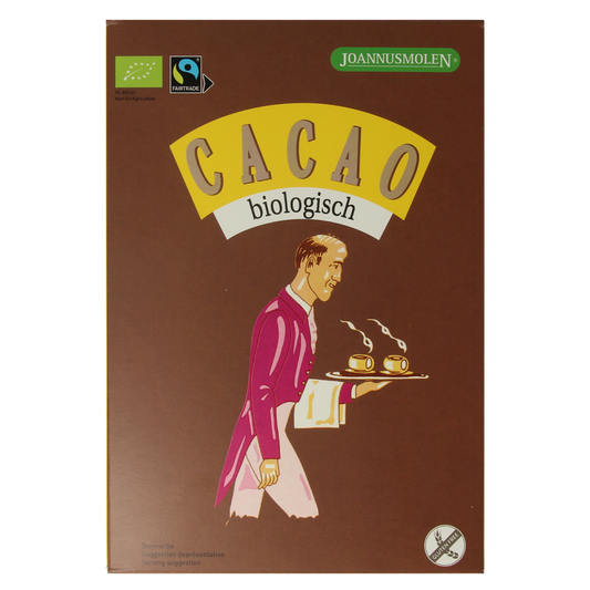 Joannusmolen bio cacao chocolate bar, 200 grams, with a close-up of the packaging showing the brand and product details.