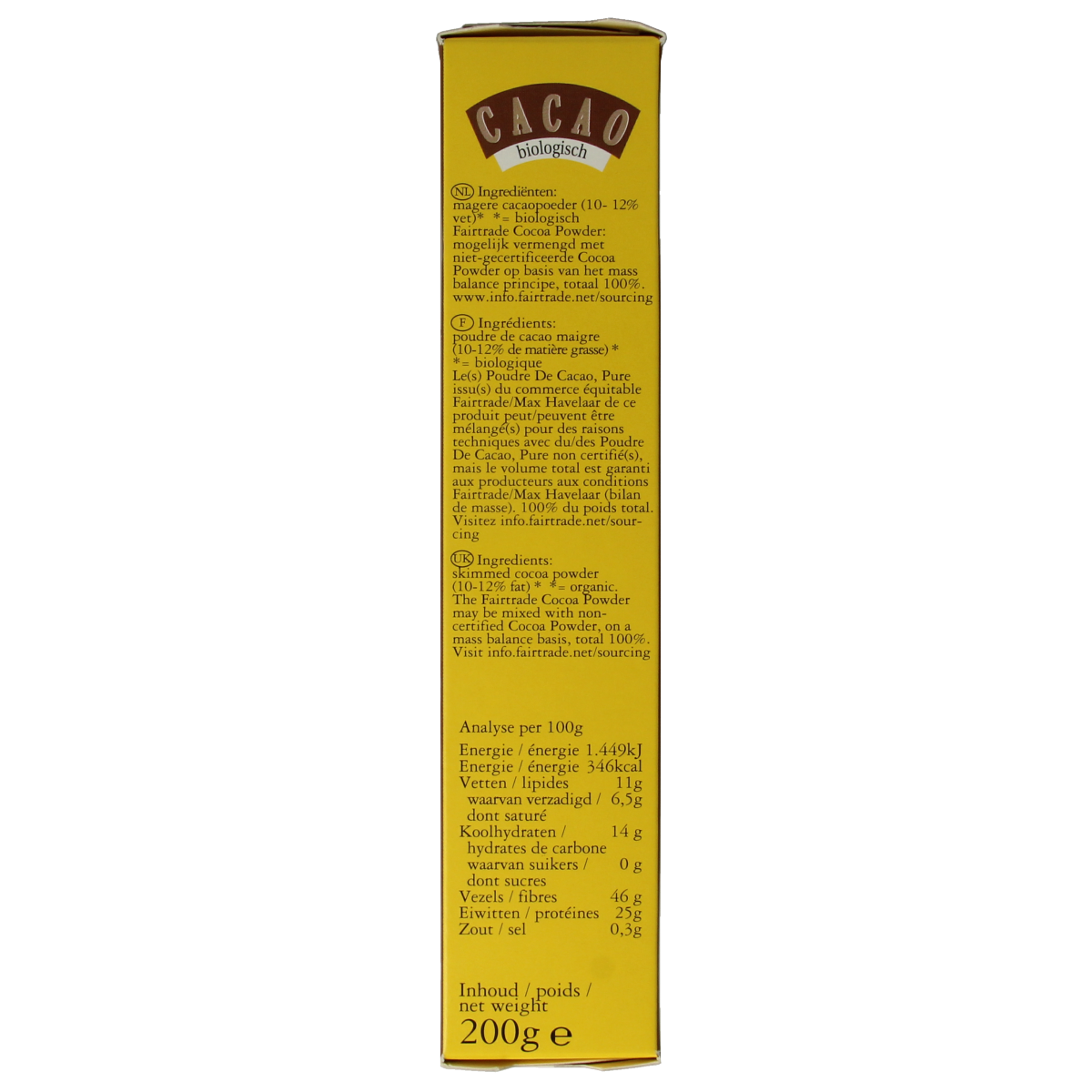 Organic Joannusmolen cacao chocolate block weighing 200 grams, shown in the image with rich cocoa texture