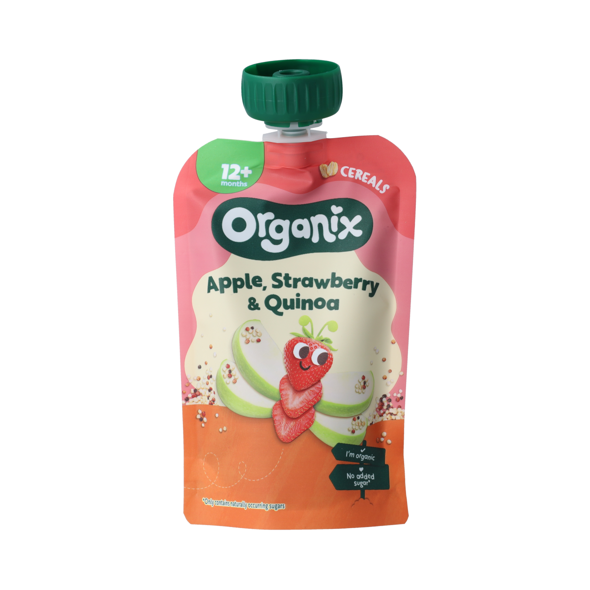 Organic Organix Knijpfruit baby food with apple, strawberry, and quinoa in a 100g pouch, suitable for 12 months and older.