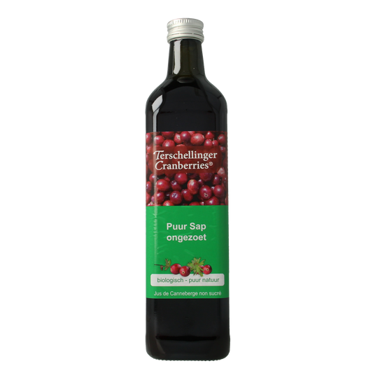 Terschellinger organic unsweetened cranberry juice in a 750ml bottle, natural and rich in flavor, from the Terschellinger brand.