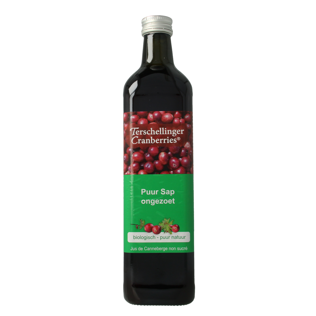Terschellinger organic unsweetened cranberry juice in a 750ml bottle, natural and rich in cranberry flavor.