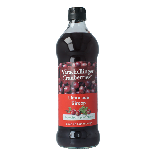 Terschellinger organic cranberry syrup in a 500ml bottle, ideal for drinks and flavoring in the beverages and juices category.