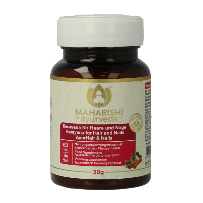 Maharishi Ayurv Ayur Hair & Nails herbal supplement tablets in a bottle, natural herbal ingredients for hair and nail health