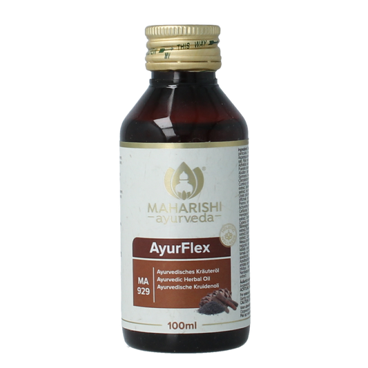 Maharishi Ayurv Ayurflex Kruidenpreparaten bottle with 100ml label, natural herbal supplement from Maharishi Ayurv brand.