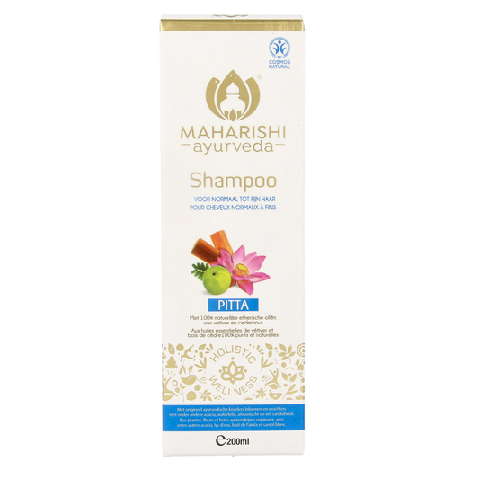 Maharishi Ayurv Pitta shampoo bio 200ml in a clear plastic bottle with a white cap, designed for hair care.