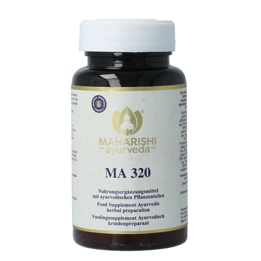 Maharishi Ayurv MA 320 herbal supplement tablets in a bottle, part of Maharishi Ayurv's herbal preparation line.