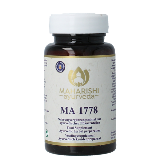 Maharishi Ayurv MA 1778 herbal supplement tablets, natural kruidenpreparaten in a white bottle with label.