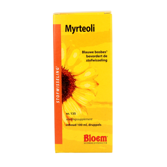Bloem Myrteoli herbal preparation bottle, 100ml, with label showing herbal ingredients and brand logo.