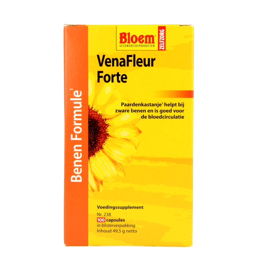 Bloem Venafleur extra herbal supplement capsules in a bottle, part of Bloem's kruidenpreparaten product line.