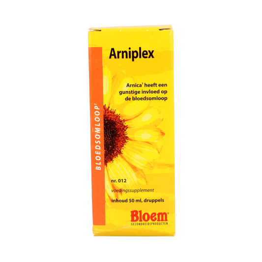 Bloem Arniplex herbal supplement bottle, 50ml, in a clear container with a white cap, showing the product label.