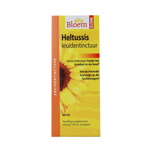 Bottle of Bloem Heltussis herbal drops in 100ml container, featuring the product label and transparent cap.