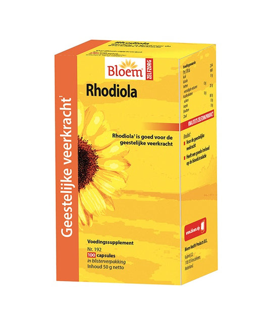 Bottle of Bloem Rhodiola 100 capsules for herbal supplements, with a white label and product name on the packaging.