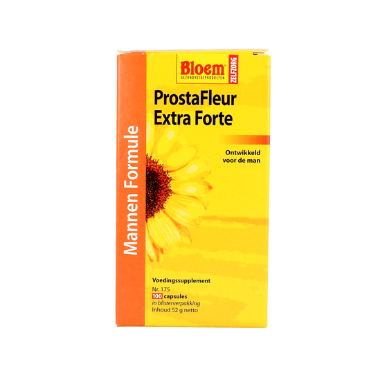 Bloem Prostafleur herbal capsules in a clear bottle, showing the product label for Kruidenpreparaten supplement.