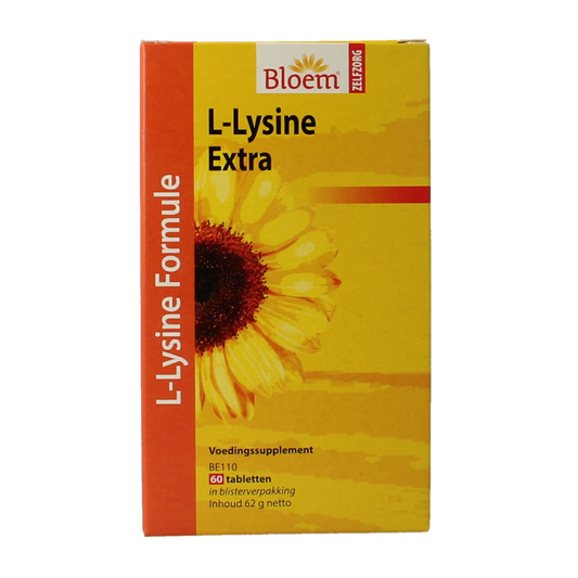 Bloem L-Lysine extra amino acids supplement with 60 tablets, shown in blister packaging on a white background.