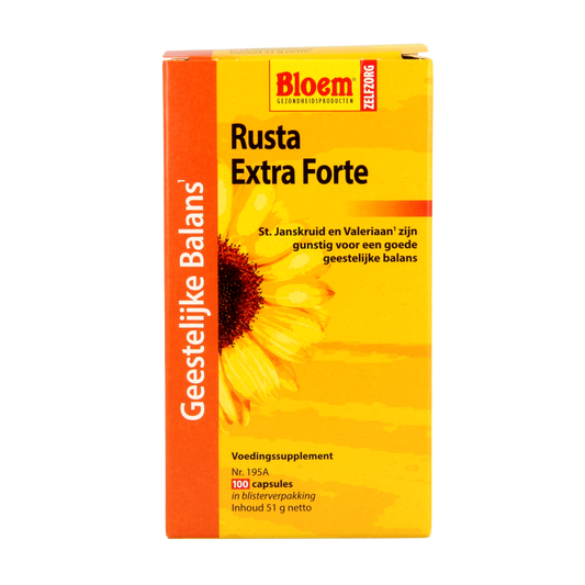 Bloem Rusta herbal supplement capsules in a clear bottle, containing 100 capsules of kruidenpreparaten.
