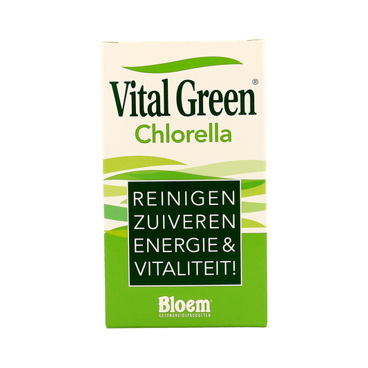 Bloem Chlorella Vital Green 1000 tablets, herbal supplement in a green bottle with white label and tablets visible inside.