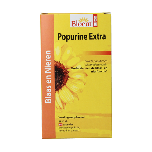 Bloem Popurine extra herbal supplement capsules, natural kruidenpreparaten, arranged in a bottle with label visible.