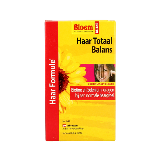 Bloem Haar Totaal Balans multivitamin tablets for hair health, featuring colorful pills in a bottle.