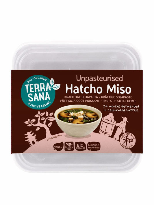 TerraSana Hatcho miso bio eko cup, 300g, Japanese fermented soybean paste in a glass jar with a white lid.