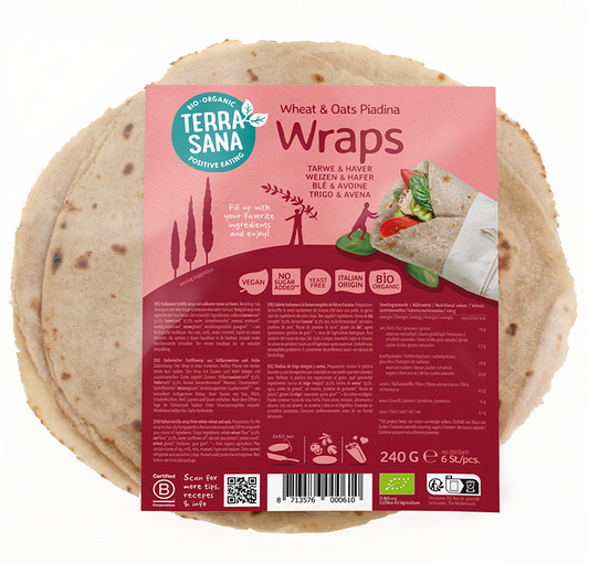 TerraSana organic Piadina wraps made from wheat and oat, 240g, displayed on a wooden surface with fresh ingredients.