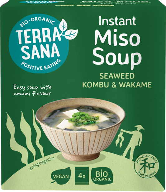 Terras Sana organic instant miso soup packet, 40 grams, showing the product packaging with miso soup ingredients.
