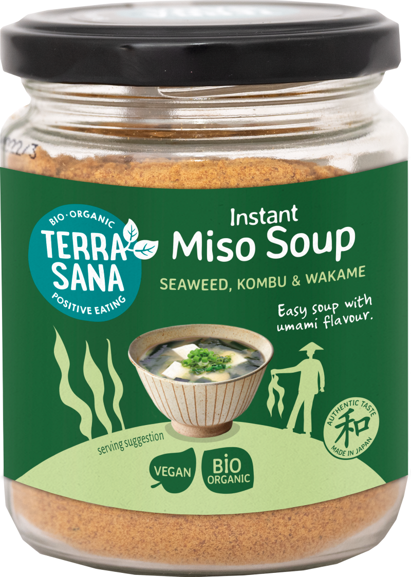 TerraSana organic instant miso soup powder in a 130g package, versatile Japanese-style soup and broth mix.