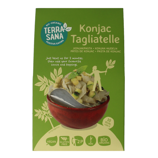 TerraSana organic konjac tagliatelle rice pasta in a bowl, showcasing the thin, noodle-like shape and natural color.