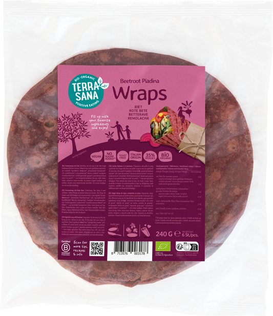 TerraSana bio biet groentewrap for pizza and wraps, 240 grams, fresh vegetable wrap in packaging.