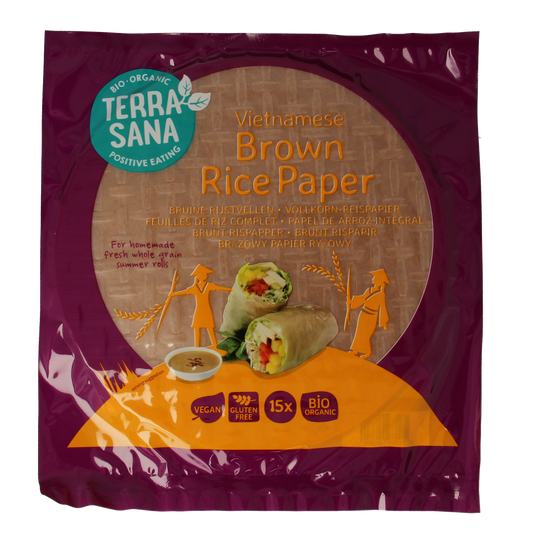 TerraSana Vietnamese brown rice paper sheets for spring rolls, organic and 150 grams, shown stacked on a white background.