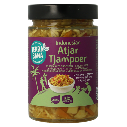 TerraSana Indonesische atjar tjampoer bio sauzen en smaakmakers in 300g jar, featuring a colorful label and jar lid.