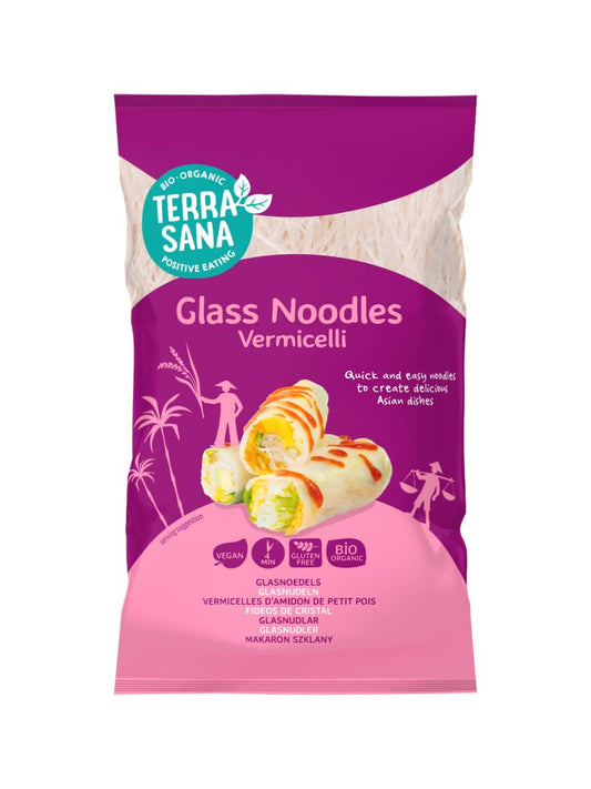 TerraSana Glasnoedels bio pasta and rice product, 200 grams, with clear packaging and branding visible.