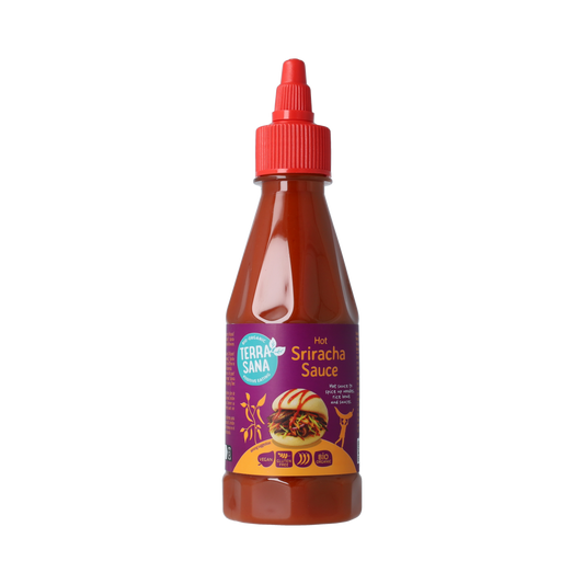 TerraSana Sriracha sauce 250g bottle, spicy condiment in a clear glass container with red cap, labeled with TerraSana branding.