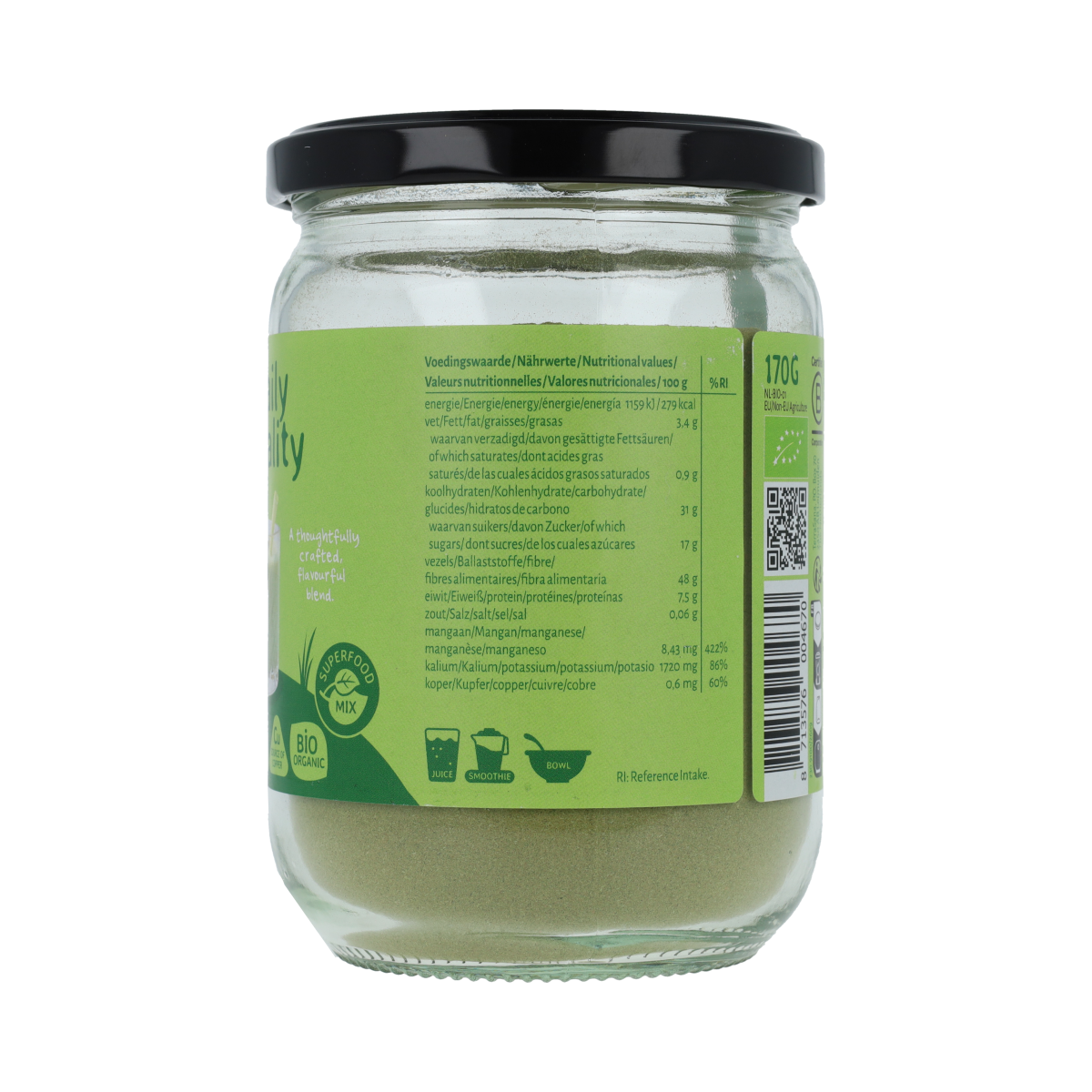 Organic TerraSana Superfoodmix Daily Vitality, raw superfoods blend in a 170g package, featuring colorful dried superfood ingredients.