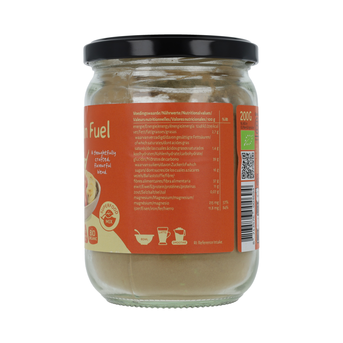 TerraSana Brain Fuel superfood mix in 200g package, featuring raw superfoods with nuts, seeds, and dried fruits on a white background.