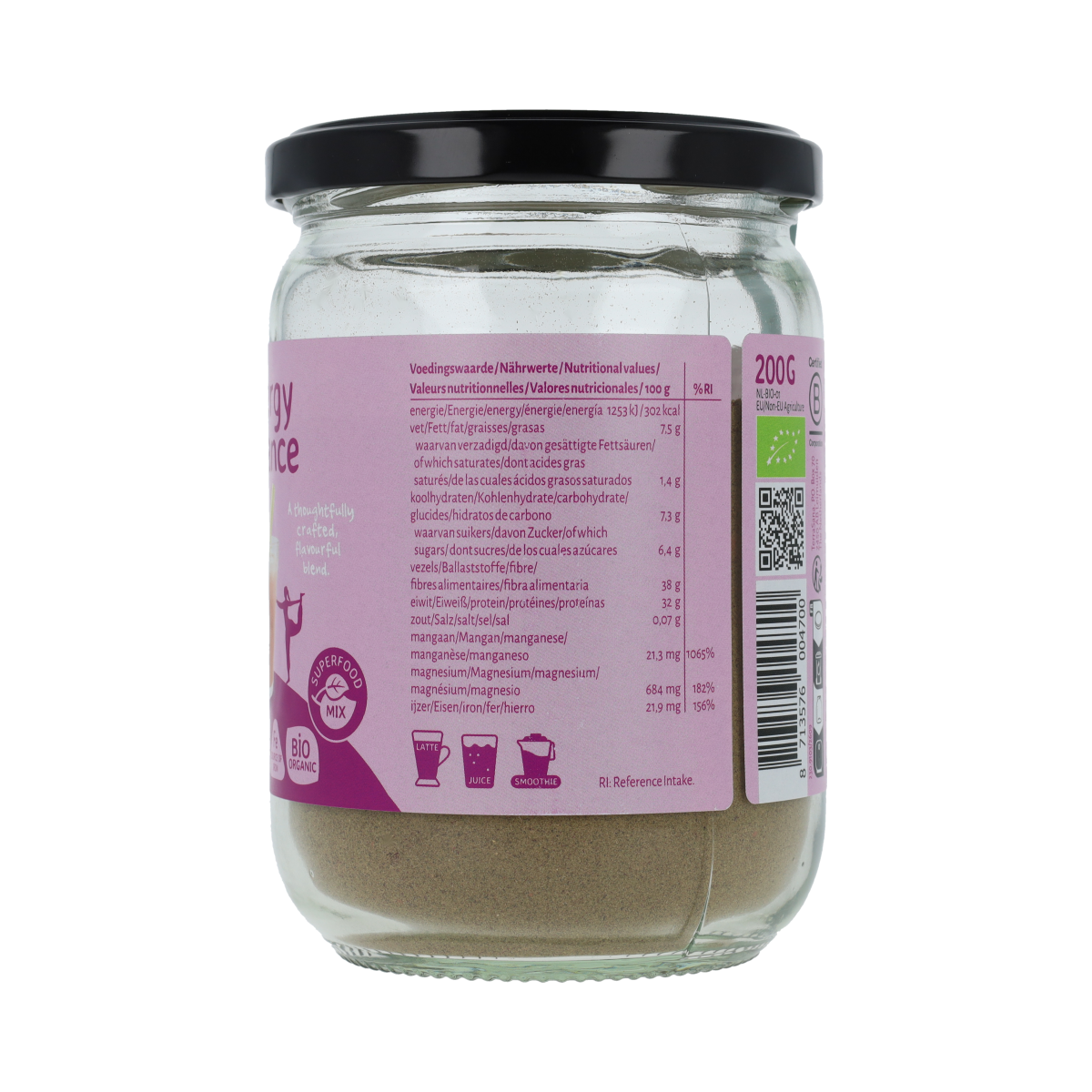 TerraSana Superfoodmix Energy Balance bio, raw superfoods in a 200g package, featuring a colorful blend of organic ingredients.