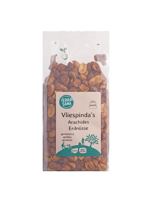TerraSana Pinda vlies met zout geroosterd bio, 250g, crunchy roasted salted peanut chips in a clear package.