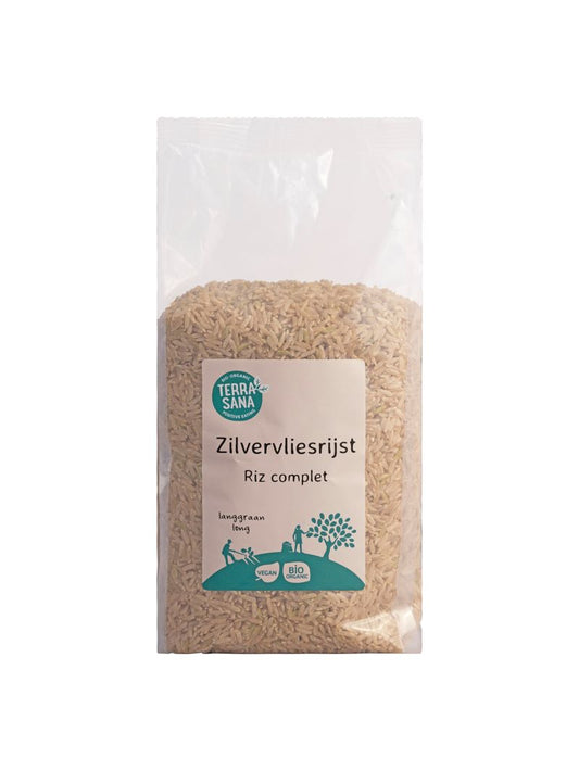 TerraSana organic long silver rice in a 1kg package, shown as a clear image of the rice product.