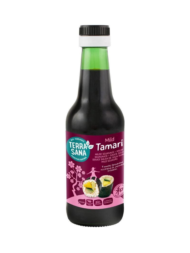 Bottle of TerraSana Tamari mild gluten-free organic sauce in a 250ml bottle, featuring a dark soy sauce appearance
