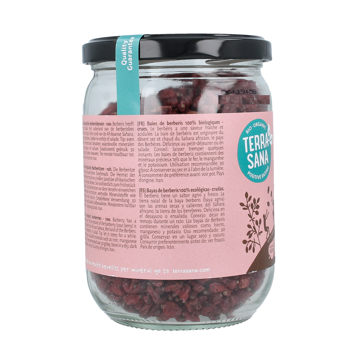 TerraSana Raw berberis bessen (zuurbes) bio in a 140g package, showing fresh dried berberis berries for superfoods and health.