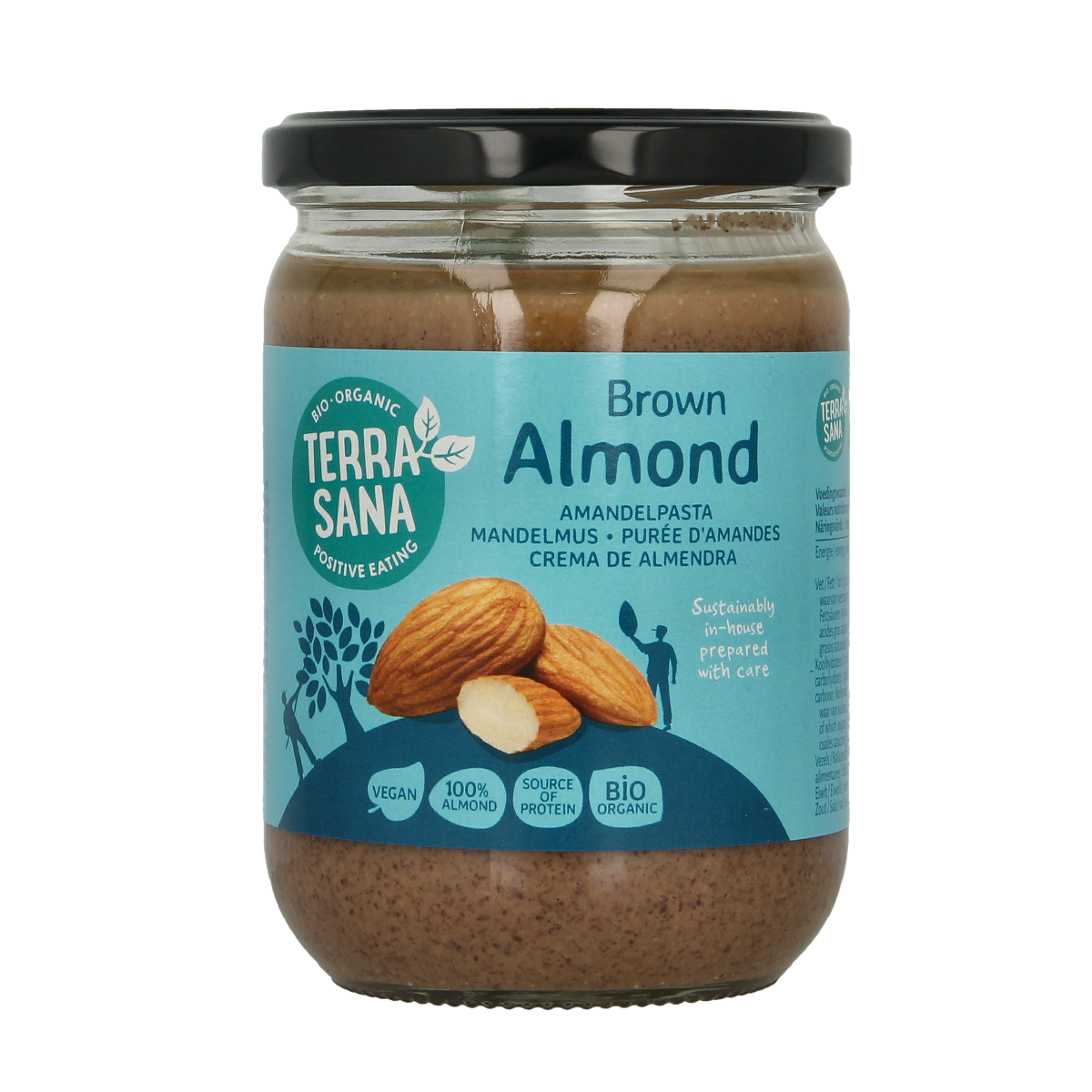 Organic TerraSana almond spread on bread, 500g jar, natural almond-based bread topping with a smooth texture.