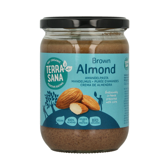 Jar of TerraSana organic almond butter spread, 500g, featuring a smooth almond-based broodbeleg for sandwiches and snacks.