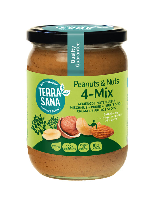 TerraSana 4-mix gemengde notenpasta zonder zout, biologische broodbeleg in 500g jar, visible with nut textures